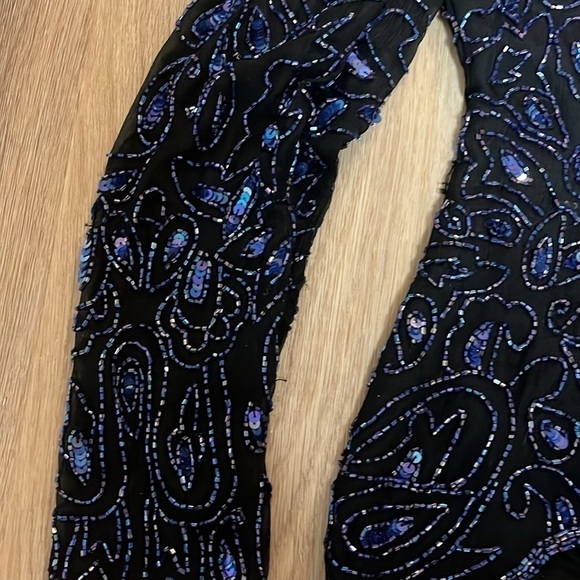 Stunning Vintage 80s 90s Beaded 100% Silk Long Sleeve Blouse Black Blue Small - Picture 3 of 8